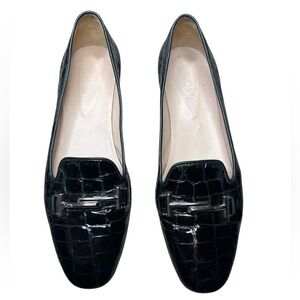 Tod's Women's Black Double T Croc-Embossed Loafers Size 38.5